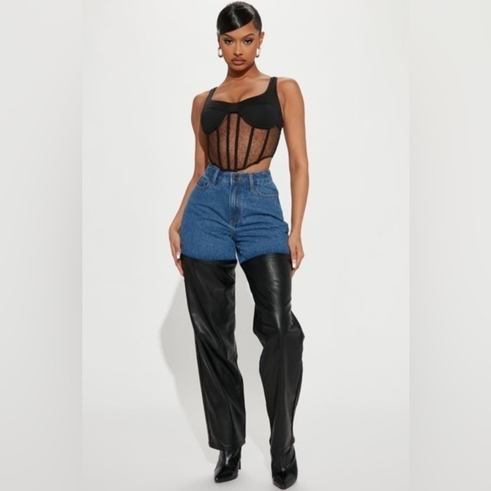 Fashion Nova Something Special PU Mix Straight Leg Jean Medium Blue Wash size 7